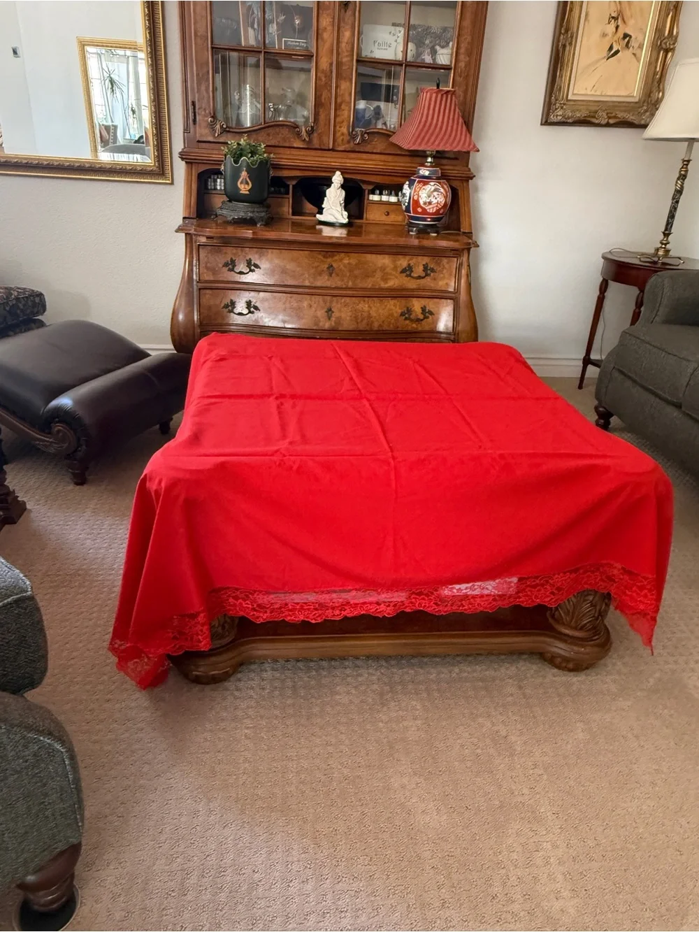 Vintage cotton Red Lace-Trim Table cloth Cover decor fabric 50x64”